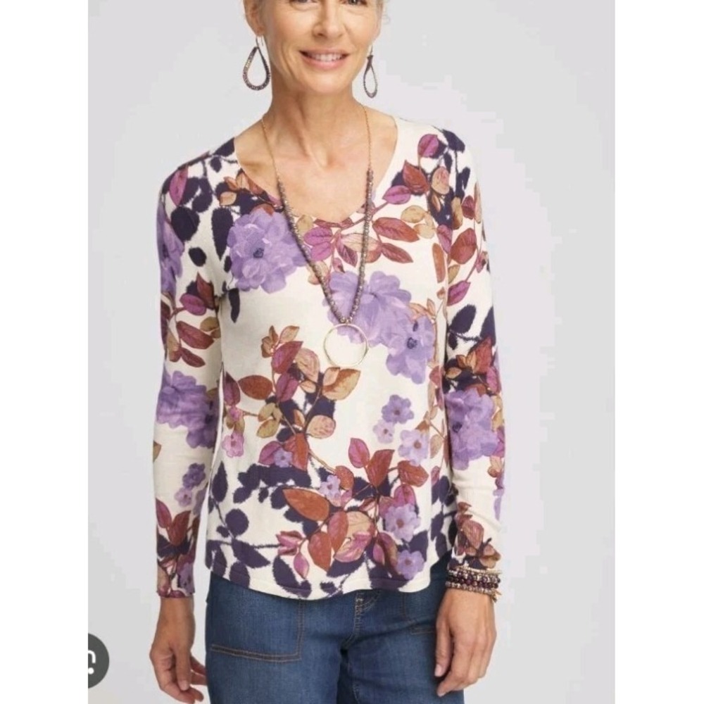 Chico's Floral V-Neck Pullover Sweater‎ Womens XL Cream Purple Casual Comfort